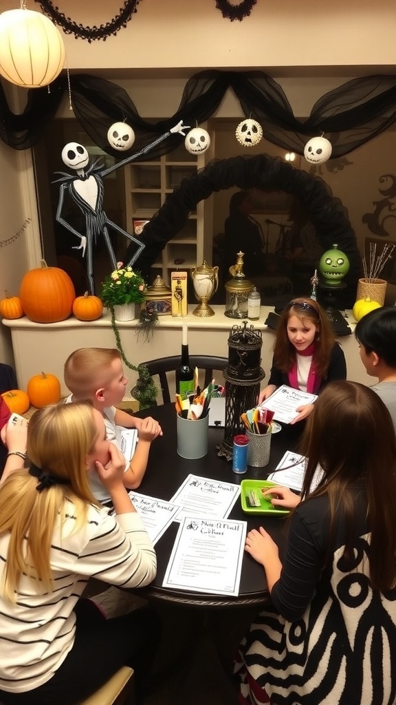 Nightmare Before Christmas party with games and decorations featuring Jack Skellington and Sally.